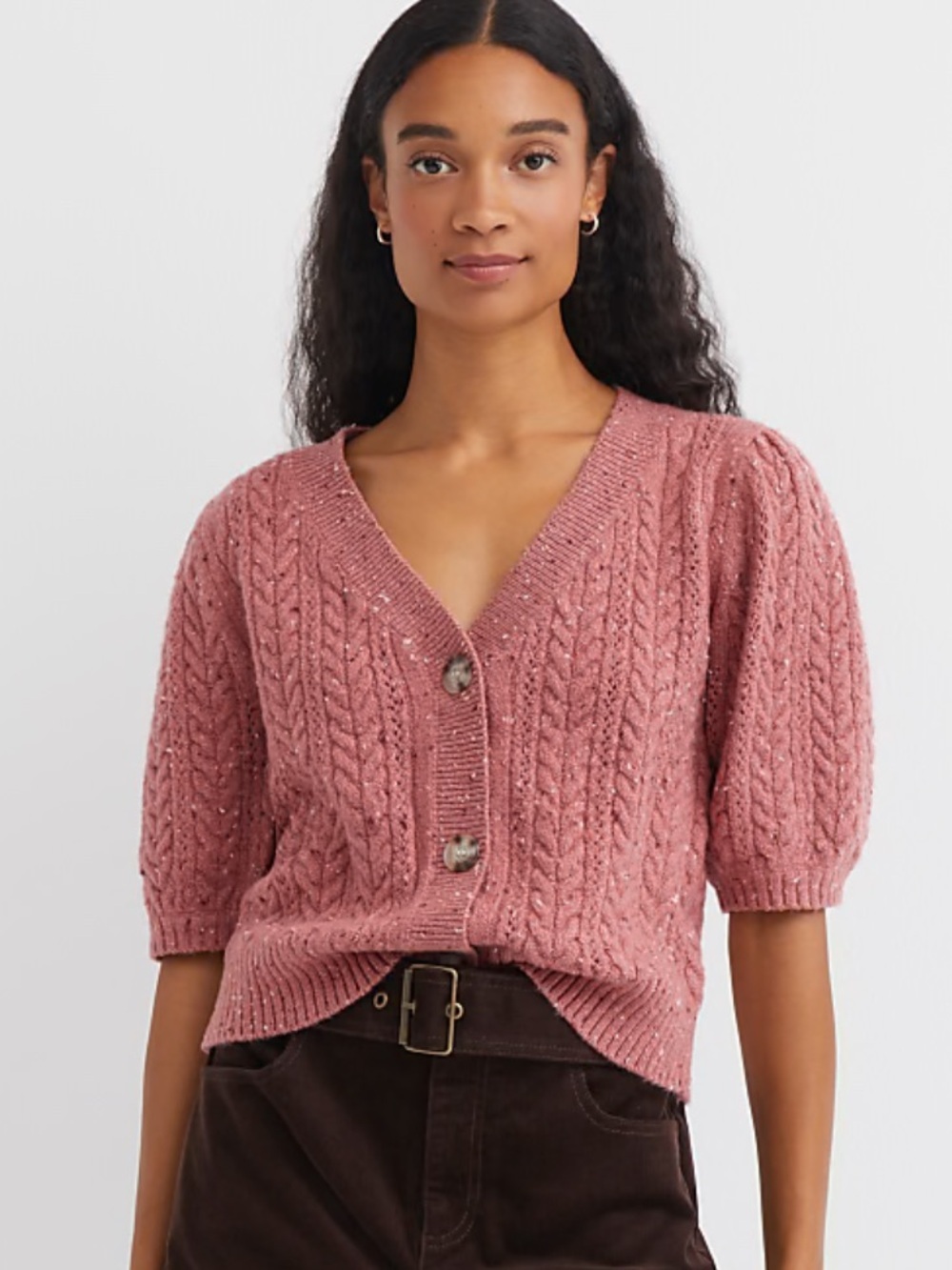 NWT ✨ LOFT Flecked Stitchy Puff Sleeve Cardigan Rose Cable-Knit - large